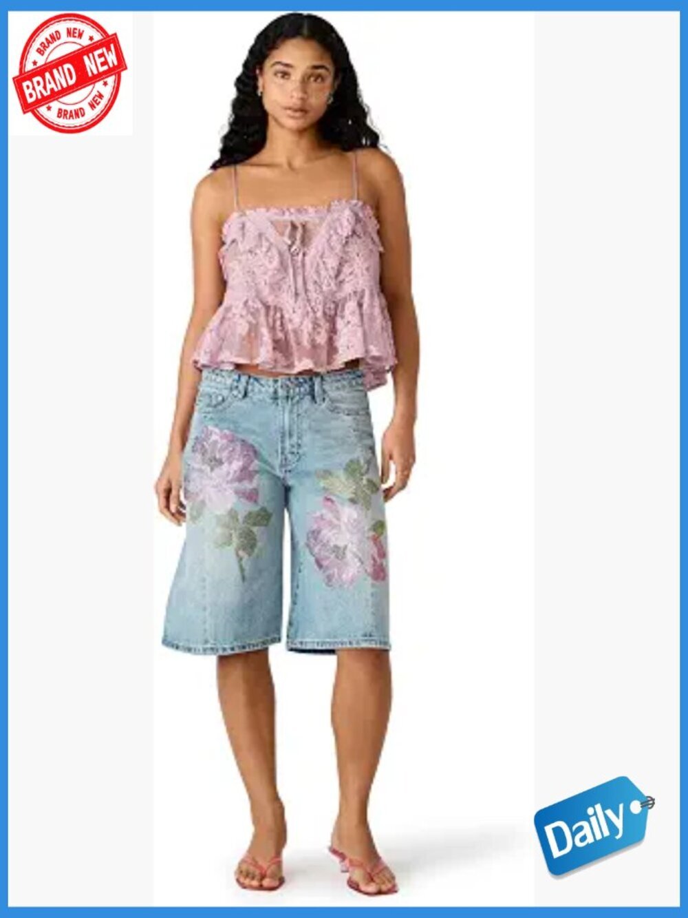 Floral Embroidered Denim Shorts Mid Rise Fitted Knee Length